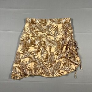 Mylace Mini Skirt Womens 36 Brown Palm Print High Waisted Ruched Side Ruffle Hem